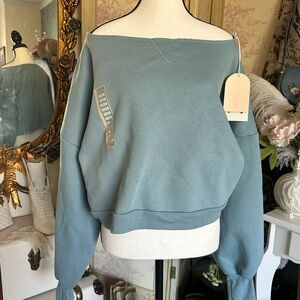 New with tags Blogilates Dance Studio Sweatshirt Off-Shoulder teal